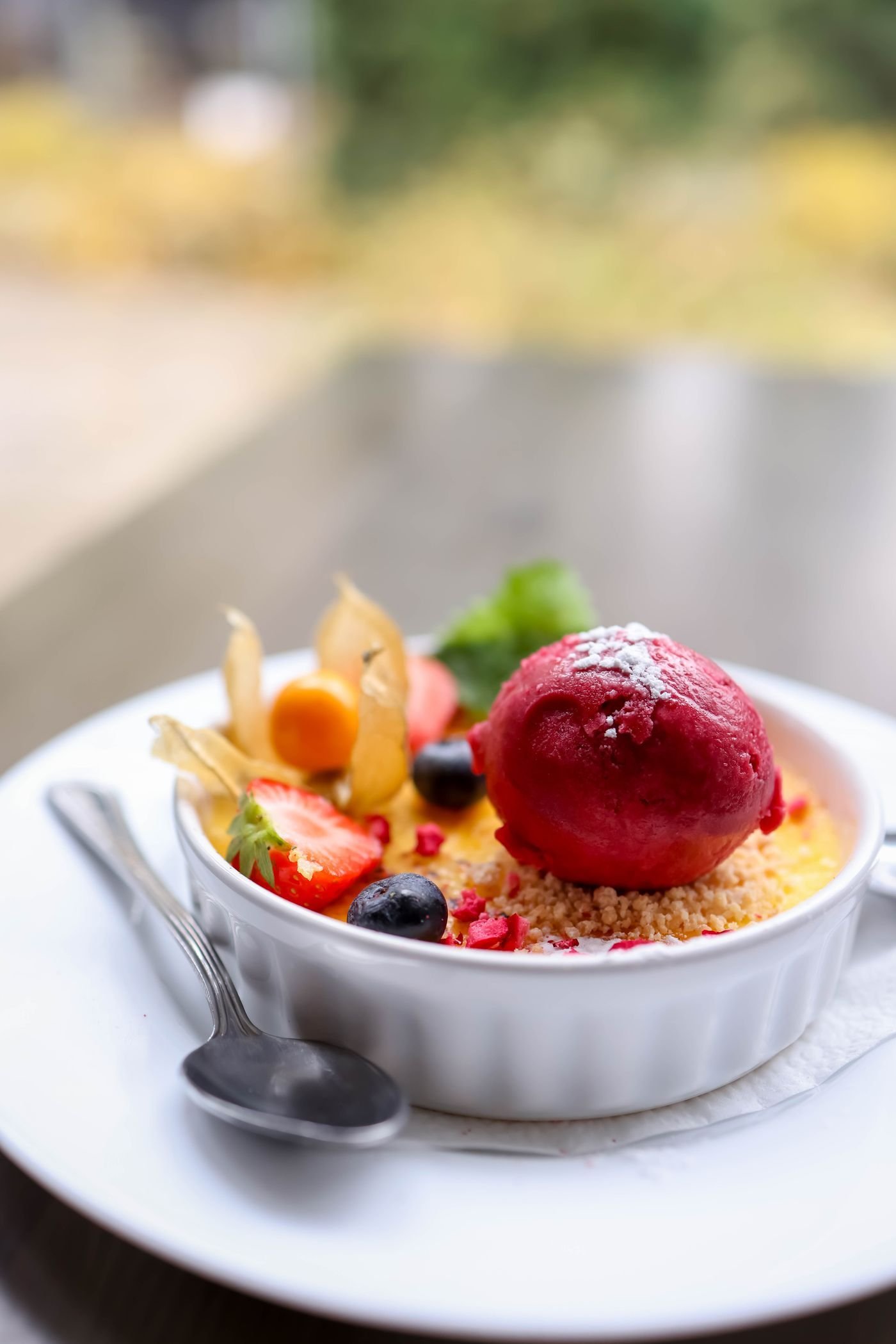 Raspberry Sorbet on Almond Crumble