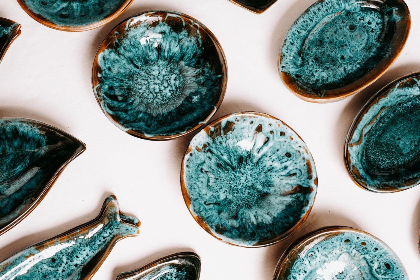 Teal Glaze Pinch Bowls and Fish Dishes