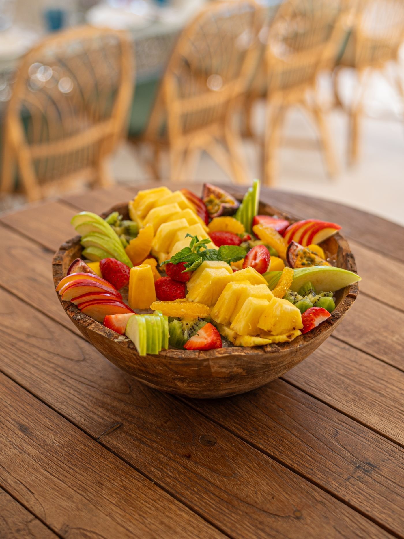 Tropical Fruit Salad in a Wooden Bowl